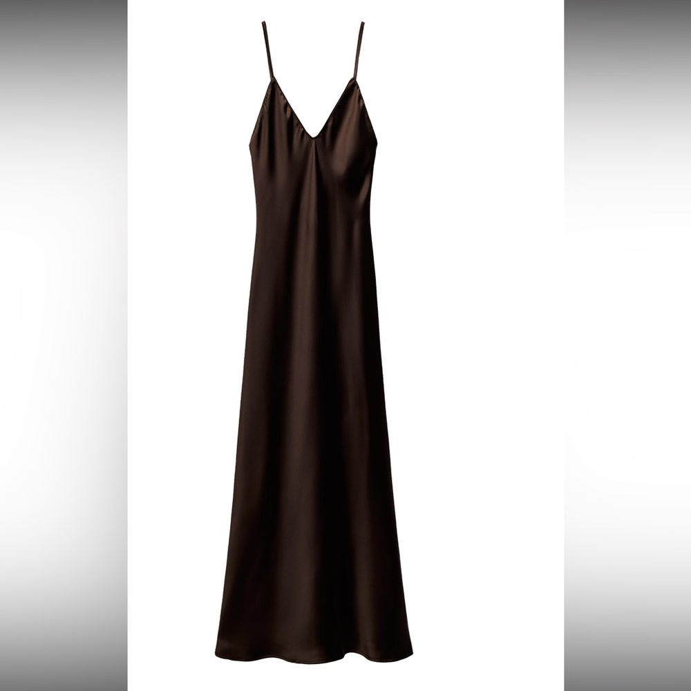 Zara Chocolate Brown Slip Midi Dress with V-Neck and Spaghetti Straps